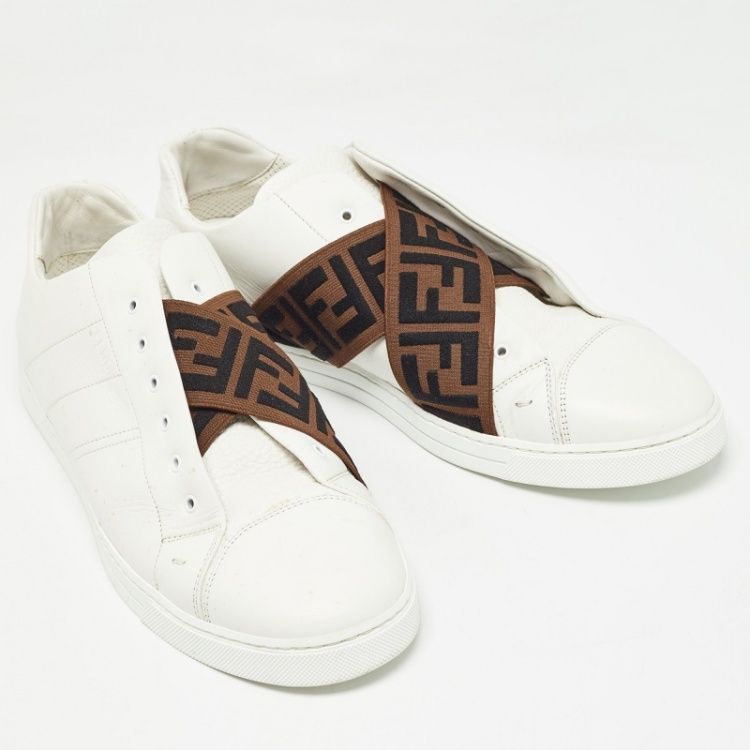 Pre Owned Fendi White/Brown Leather and Zucca Elastic Band Slip On Sneakers Size 45