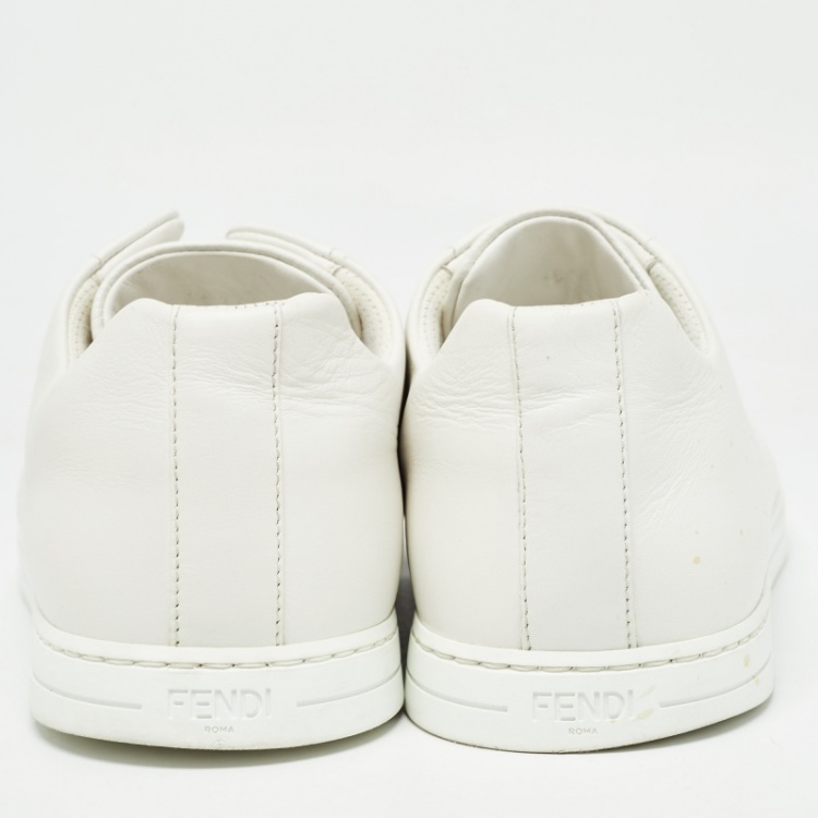 Pre Owned Fendi White/Brown Leather and Zucca Elastic Band Slip On Sneakers Size 45