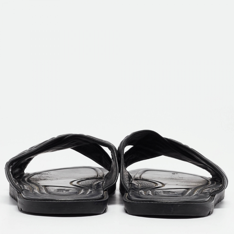 Pre Owned Fendi Black Leather FF Embossed Logo Criss Cross Flat Sandals Size 44