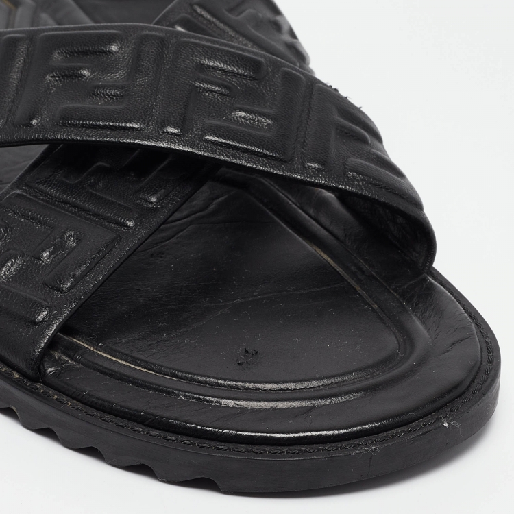 Pre Owned Fendi Black Leather FF Embossed Logo Criss Cross Flat Sandals Size 44