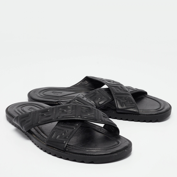 Pre Owned Fendi Black Leather FF Embossed Logo Criss Cross Flat Sandals Size 44