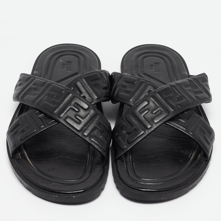Pre Owned Fendi Black Leather FF Embossed Logo Criss Cross Flat Sandals Size 44