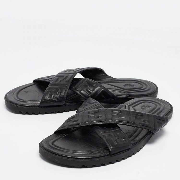 Pre Owned Fendi Black Leather FF Embossed Logo Criss Cross Flat Sandals Size 44