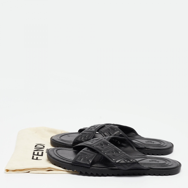 Pre Owned Fendi Black Leather FF Embossed Logo Criss Cross Flat Sandals Size 44