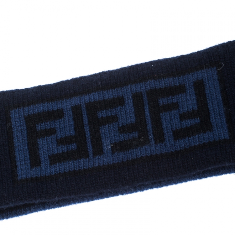 Pre Owned Fendi Blue Zucca Patterned Jacquard Cashmere Wool Headband
