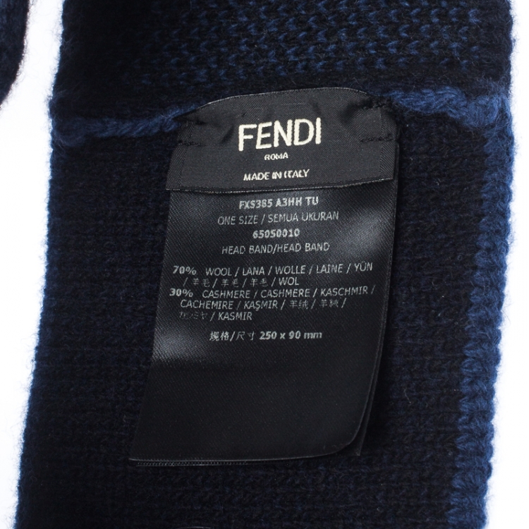Pre Owned Fendi Blue Zucca Patterned Jacquard Cashmere Wool Headband