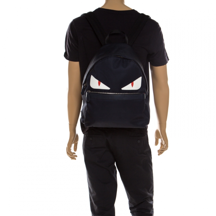 Pre Owned Fendi Navy Blue Nylon and Leather Bugs Backpack