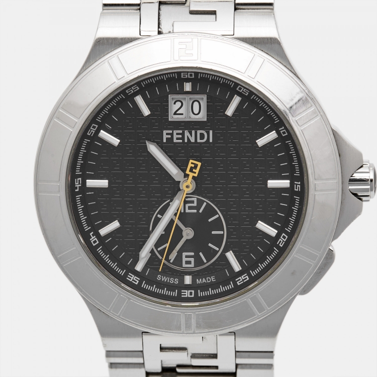 Pre Owned Fendi Black Stainless Steel Dual Time High Speed 4700G Men's Wristwatch 43 mm