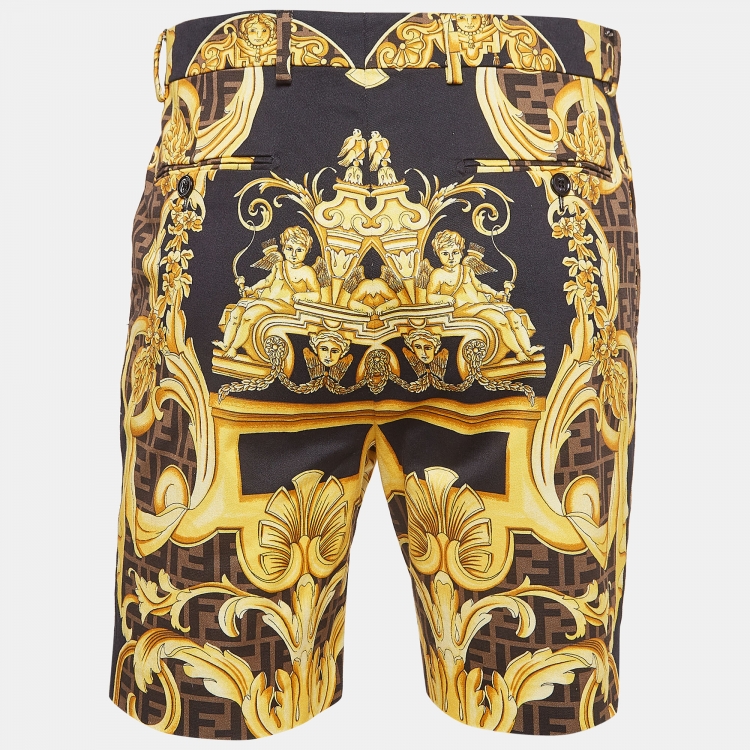 Pre Owned Fendi x Versace Black/Yellow Baroque Print Cotton Bermuda Shorts M