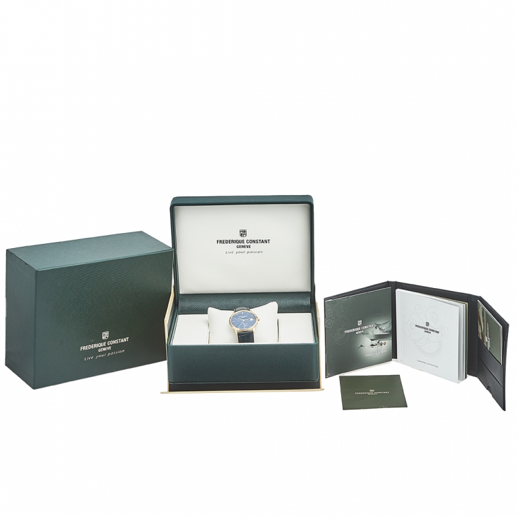 Pre Owned Frederique Constant Blue Yellow Gold Plated Stainless Steel Crocodile Slimline FC245N4S5 Men's Wristwatch 37 mm 