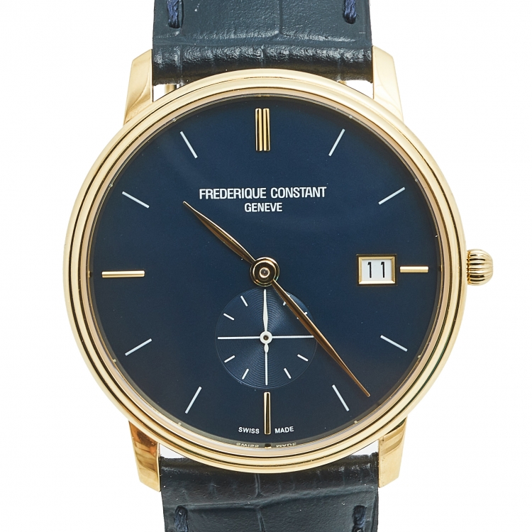 Pre Owned Frederique Constant Blue Yellow Gold Plated Stainless Steel Crocodile Slimline FC245N4S5 Men's Wristwatch 37 mm 