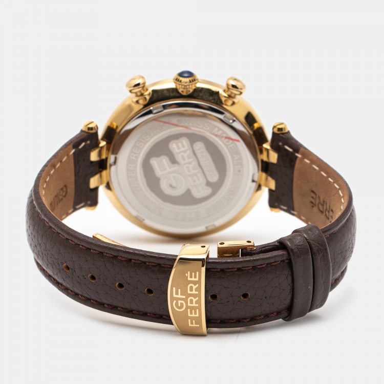 Pre Owned GF Ferre Silver Gold Plated Stainless Steel Leather GFBR6215 Men's Wristwatch 42 mm 