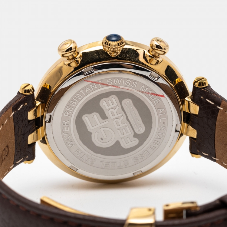 Pre Owned GF Ferre Silver Gold Plated Stainless Steel Leather GFBR6215 Men's Wristwatch 42 mm 