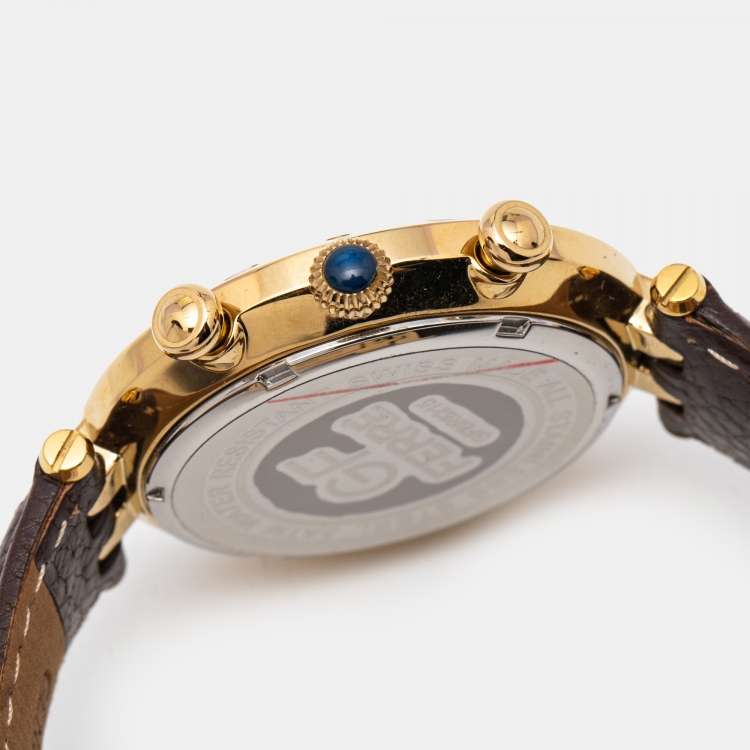 Pre Owned GF Ferre Silver Gold Plated Stainless Steel Leather GFBR6215 Men's Wristwatch 42 mm 