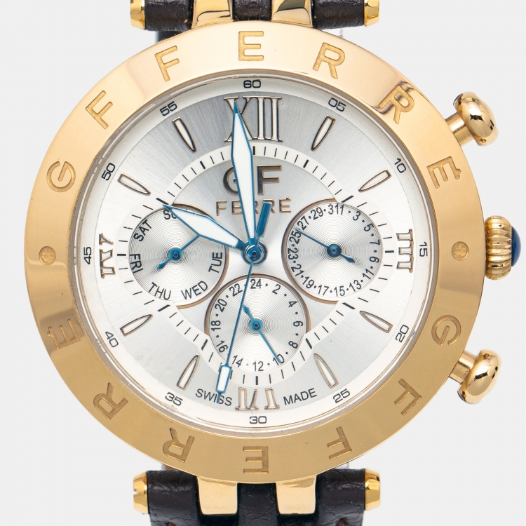 Pre Owned GF Ferre Silver Gold Plated Stainless Steel Leather GFBR6215 Men's Wristwatch 42 mm 