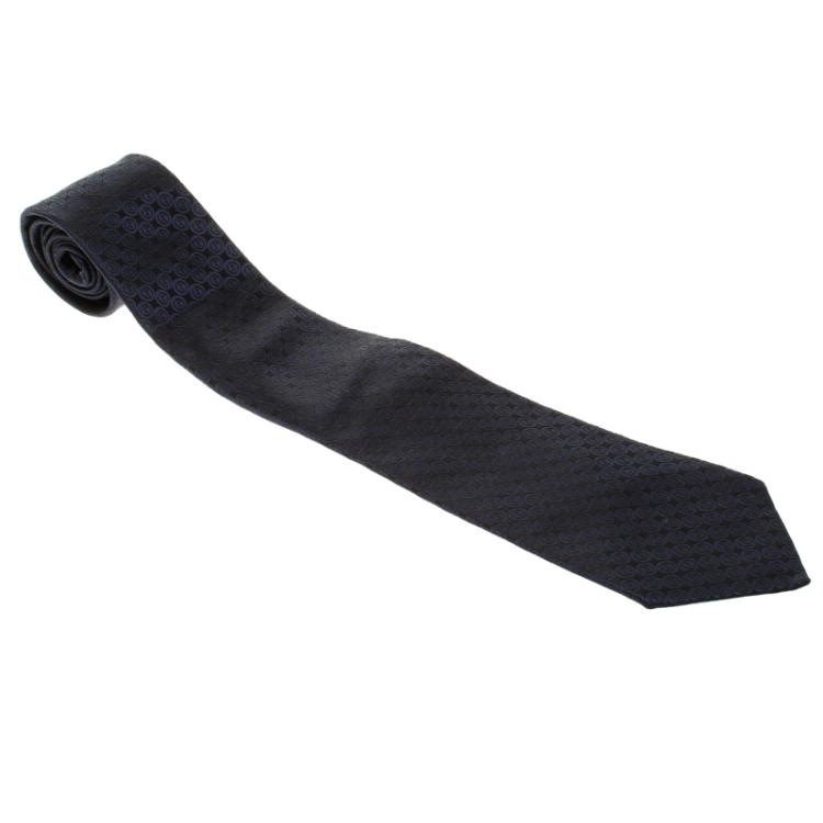 Pre Owned Giorgio Armani Black and Navy Blue Logo Detail Woven Silk Tie