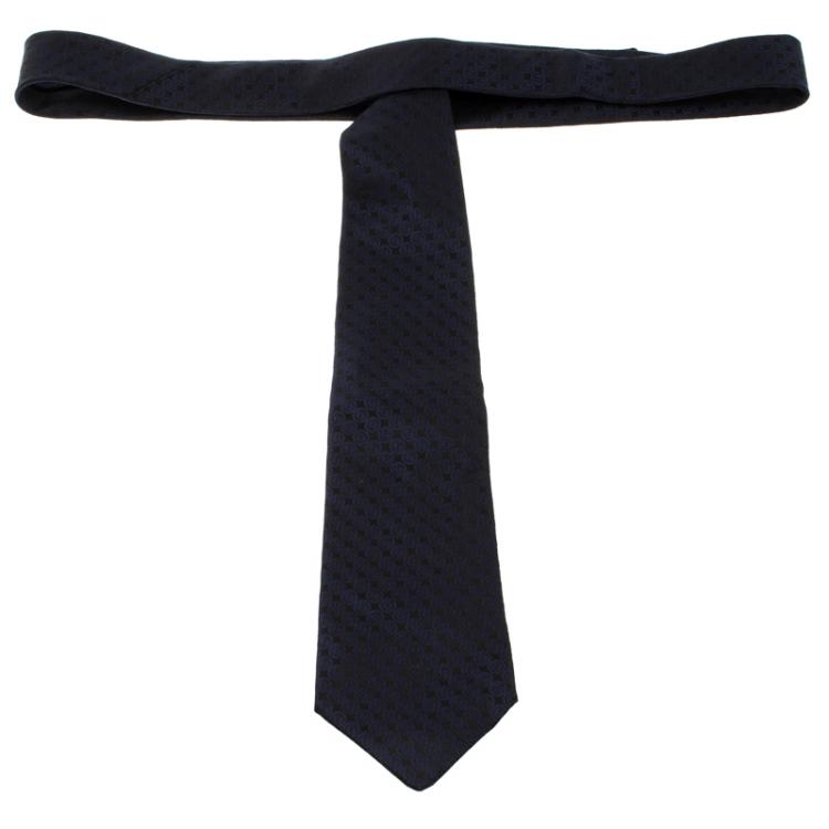 Pre Owned Giorgio Armani Black and Navy Blue Logo Detail Woven Silk Tie