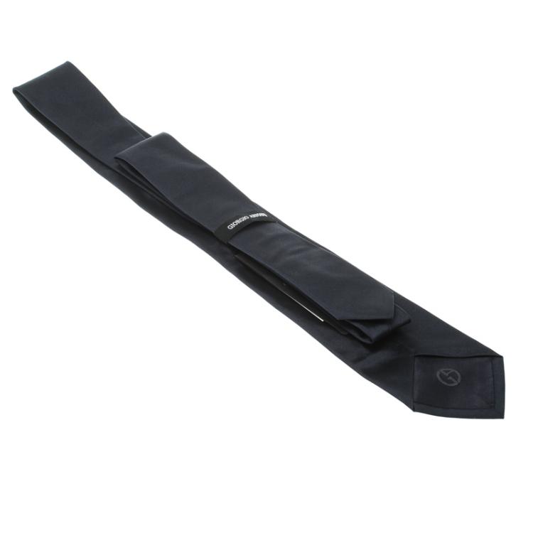 Pre Owned Giorgio Armani Navy Blue Textured Silk Signature Detail Traditional Tie