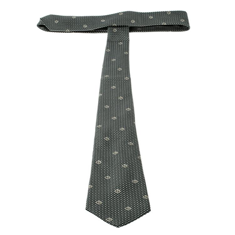 Pre Owned Giorgio Armani Sage Green Logo Pattern Embossed Jacquard Silk Tie