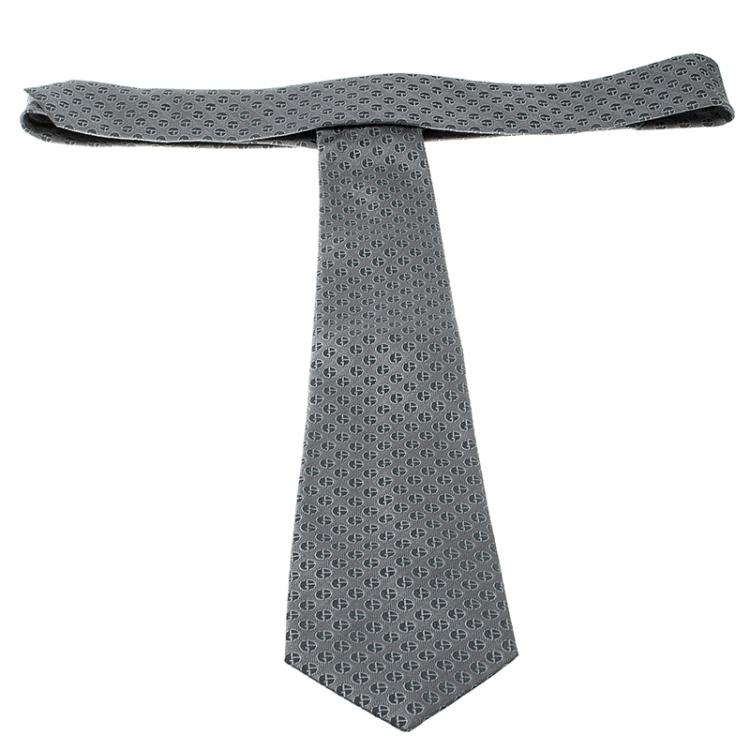 Pre Owned Giorgio Armani Grey Logo Detail Patterned Silk Jacquard Tie
