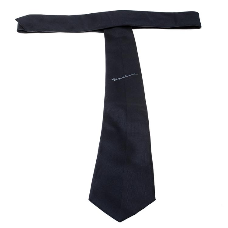 Pre Owned Giorgio Armani Navy Blue Textured Silk Signature Detail Traditional Tie
