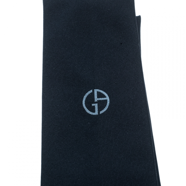 Pre Owned Giorgio Armani Navy Blue Textured Silk Logo Embroidered Tie