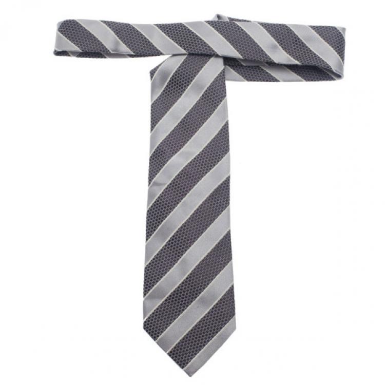 Pre Owned Giorgio Armani Grey Striped Silk Tie