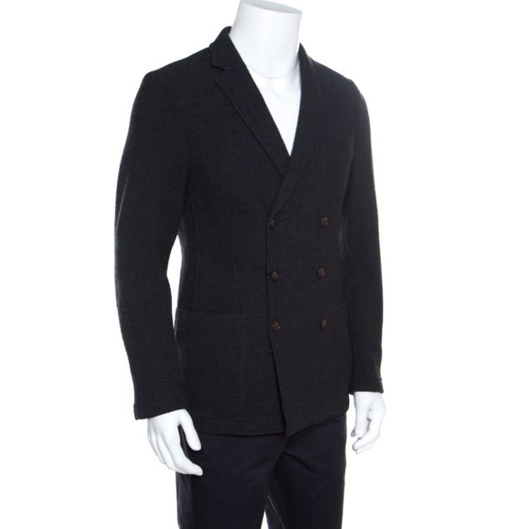 Pre Owned Giorgio Armani Dark Grey Textured Wool Double Breasted Jacket L
