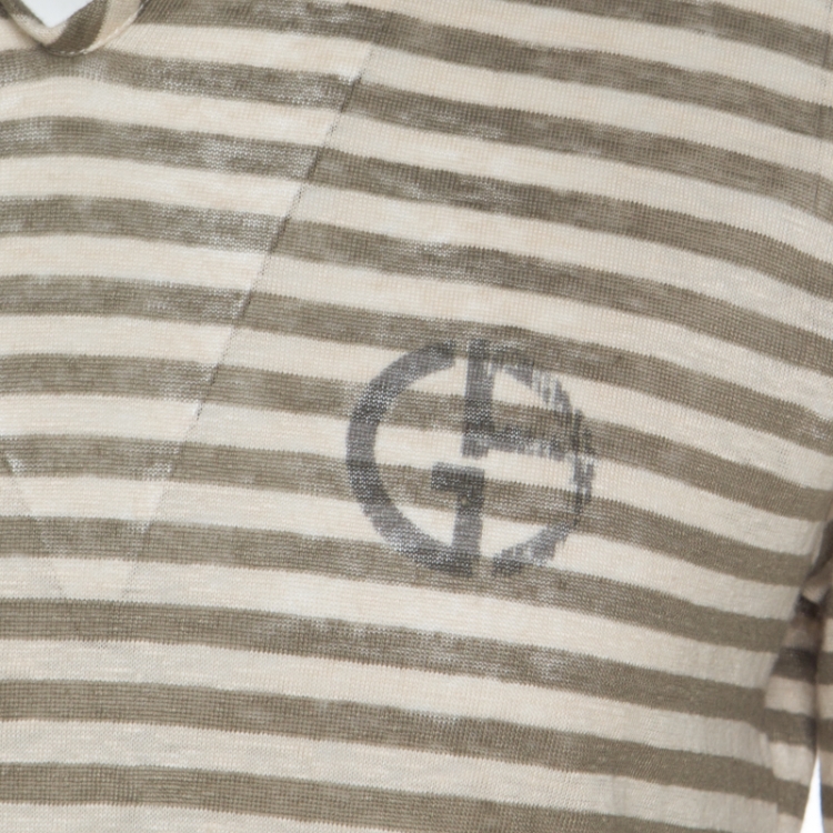 Pre Owned Giorgio Armani Sage Green Linen Striped Jersey Polo T-Shirt 3XL