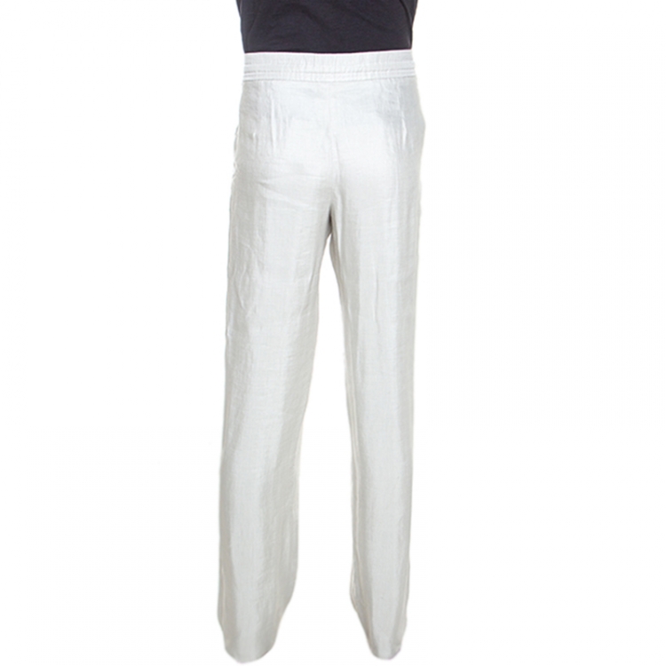Pre Owned Giorgio Armani Pale Grey Linen Silk Blend Wide Leg Pants M