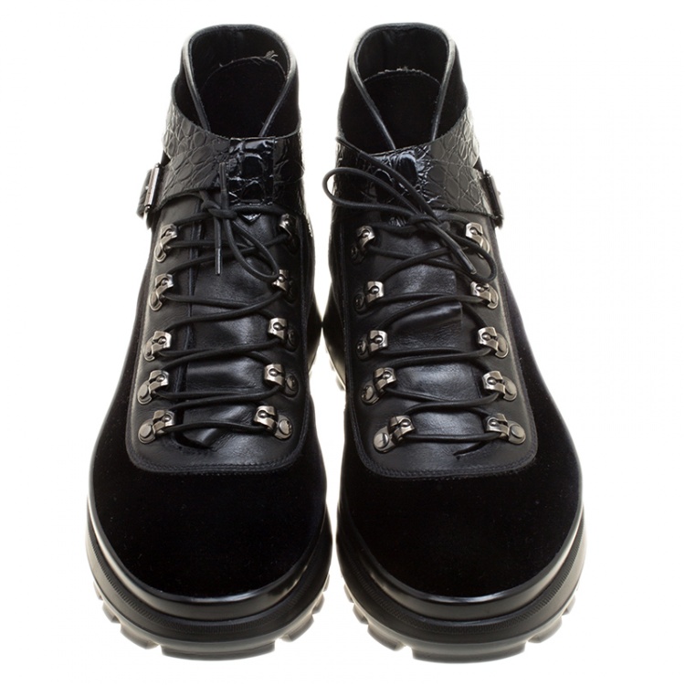 Pre Owned Giorgio Armani Black Velvet and Leather High Top Sneakers Size 44