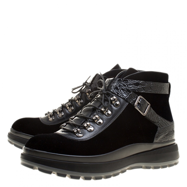 Pre Owned Giorgio Armani Black Velvet and Leather High Top Sneakers Size 44