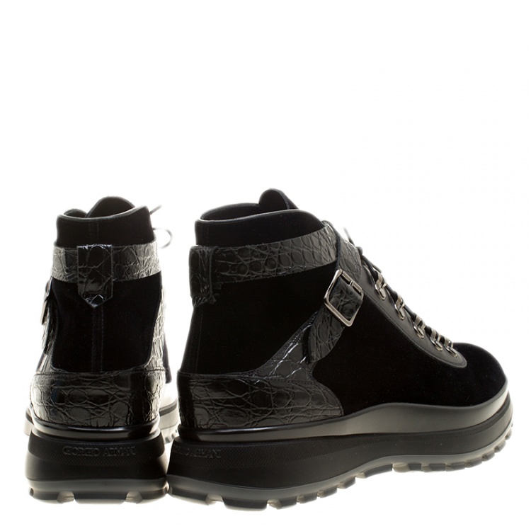 Pre Owned Giorgio Armani Black Velvet and Leather High Top Sneakers Size 44