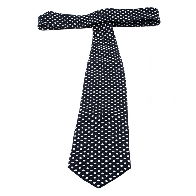 Pre Owned Giorgio Armani Navy Blue and White Polka Dotted Traditional Silk Tie