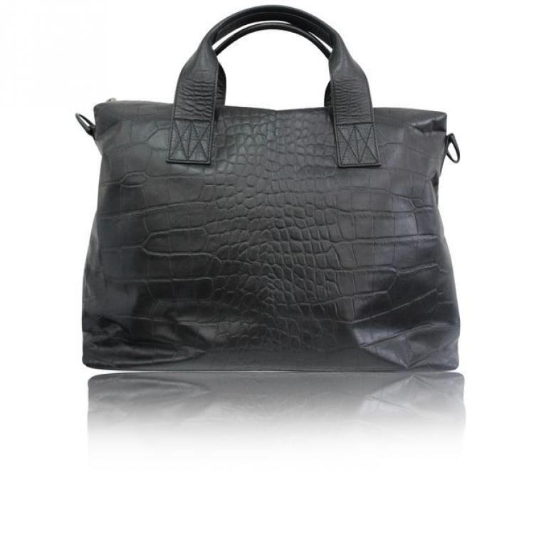 Pre Owned Giorgio Armani Black Croc Embossed Leather Weekender Bag