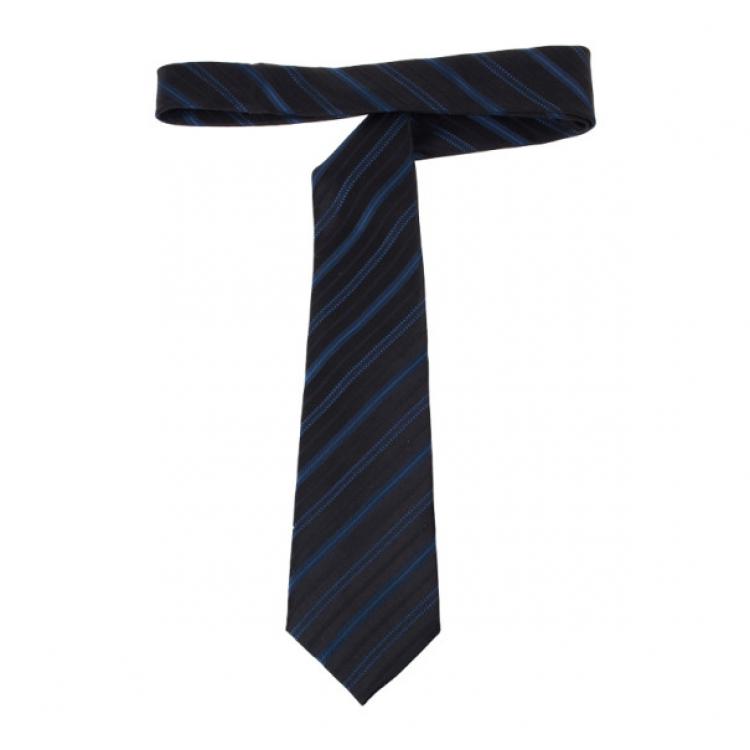Pre Owned Giorgio Armani Black &amp; Blue Striped Silk Tie