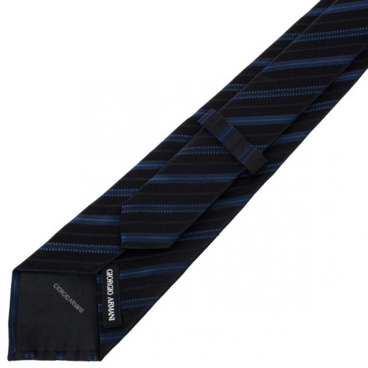 Pre Owned Giorgio Armani Black &amp; Blue Striped Silk Tie