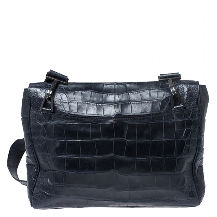 Pre Owned Giorgio Armani Navy Blue Croc Embossed Leather Messenger Bag