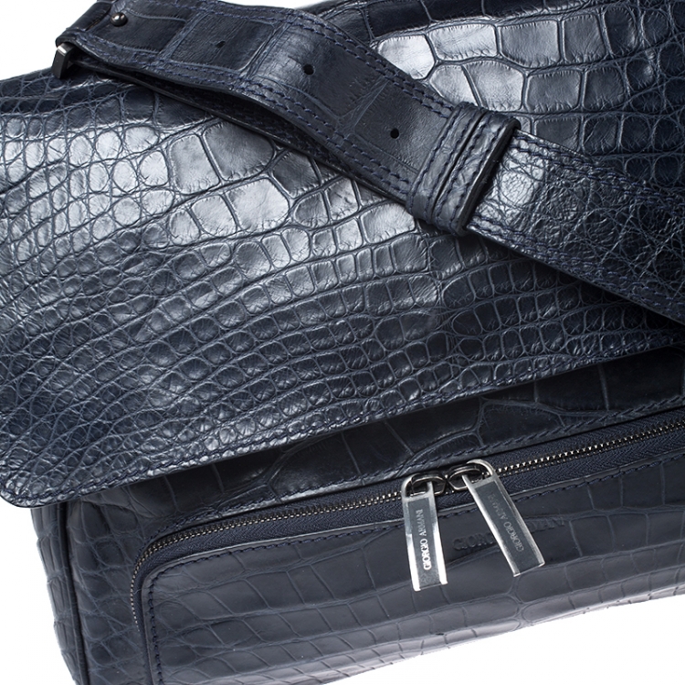 Pre Owned Giorgio Armani Navy Blue Croc Embossed Leather Messenger Bag