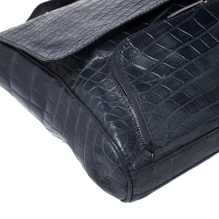 Pre Owned Giorgio Armani Navy Blue Croc Embossed Leather Messenger Bag