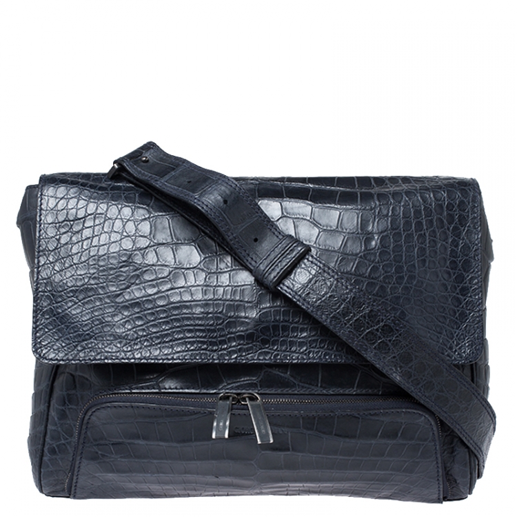 Men's Crocodile Embossed Genuine Leather Small Messenger Bag