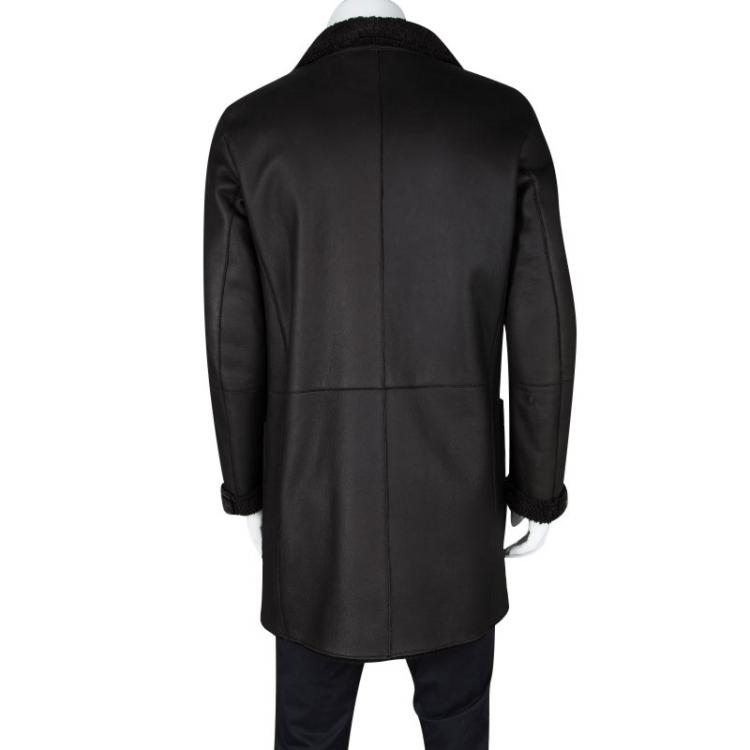 Pre Owned Giorgio Armani Brown Shearling Lined Mutton Leather Over Coat XL