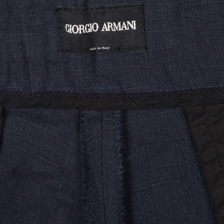 Pre Owned Giorgio Armani Navy Blue Linen Tie Detail Wide Leg Pants L