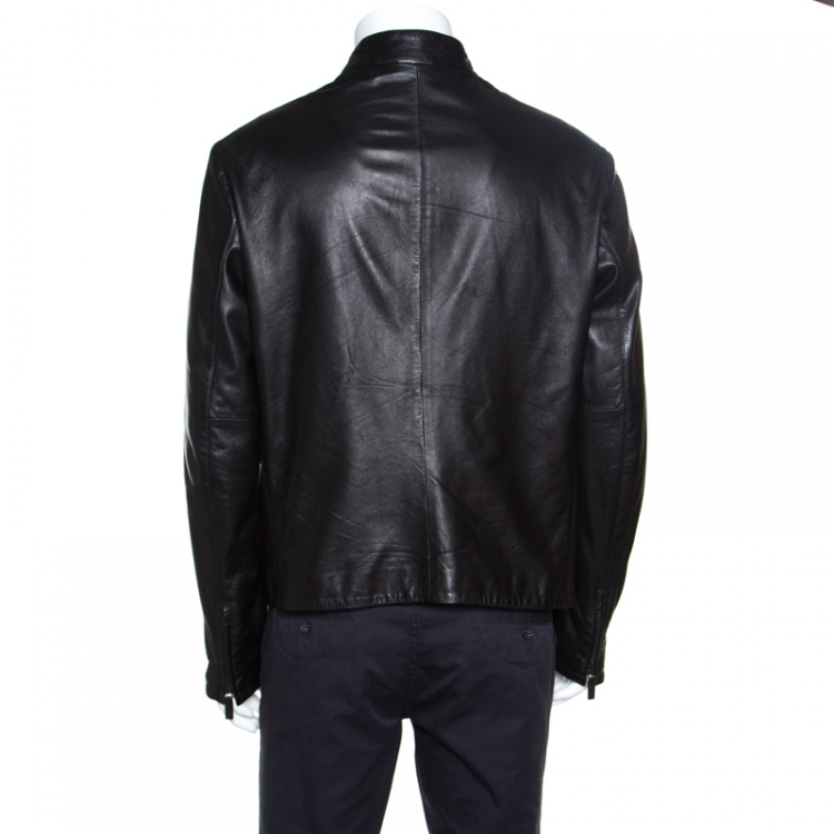 Pre Owned Giorgio Armani Black Lambskin Leather Concealed Zip Front Jacket XXL