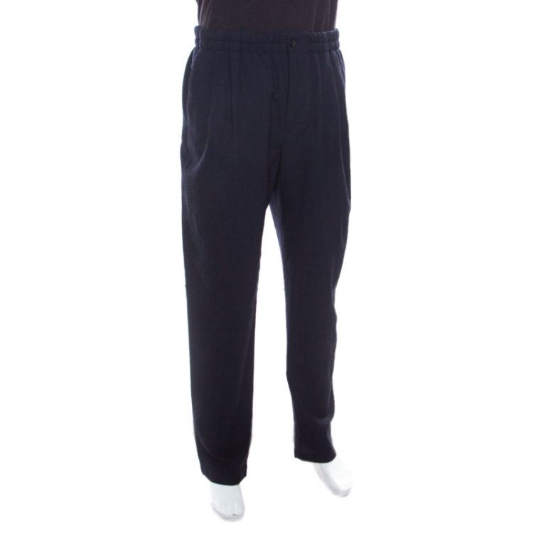 Pre Owned Giorgio Armani Navy Blue Seersucker Wool Elasticized Waist Tapered Trousers XXL
