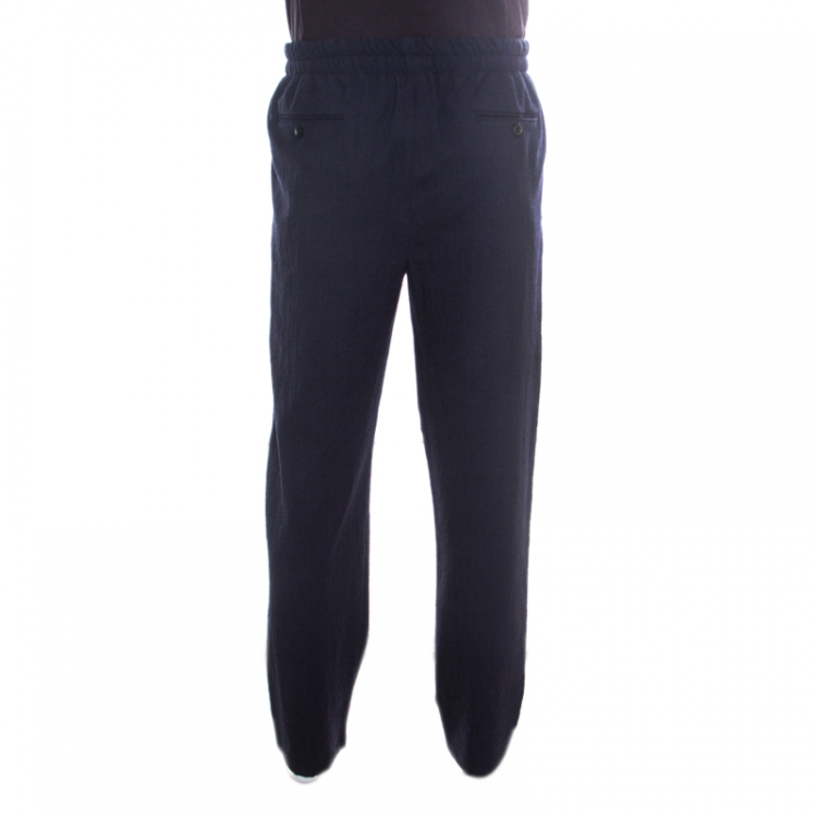 Pre Owned Giorgio Armani Navy Blue Seersucker Wool Elasticized Waist Tapered Trousers XXL