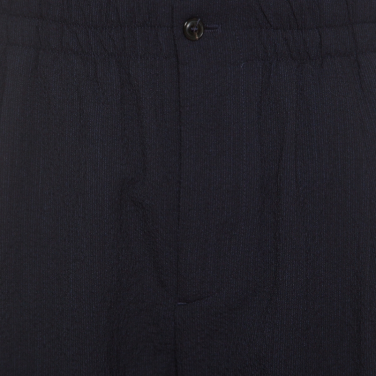 Pre Owned Giorgio Armani Navy Blue Seersucker Wool Elasticized Waist Tapered Trousers XXL