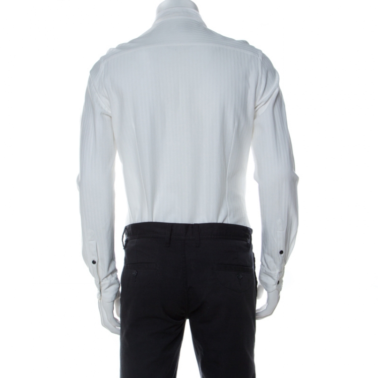 Pre Owned Giorgio Armani White Textured Cotton Zip Front Shirt M 