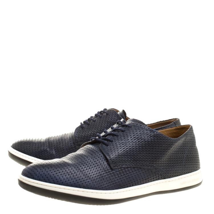 Pre Owned Giorgio Armani Navy Blue Woven Leather Sneakers Size 40