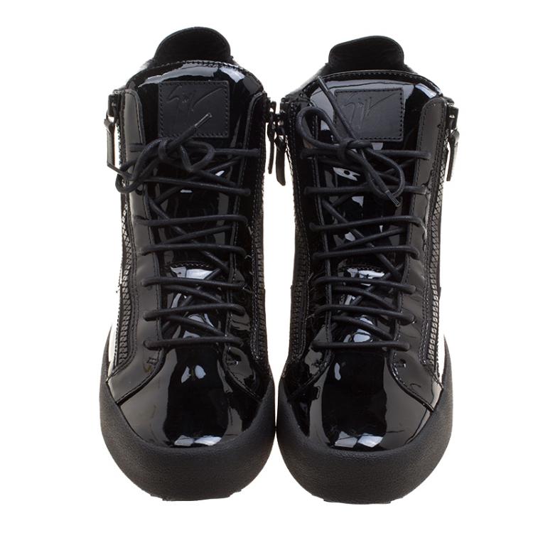 Pre Owned Giuseppe Zanotti Black Patent Leather London High Top Sneakers Size 46